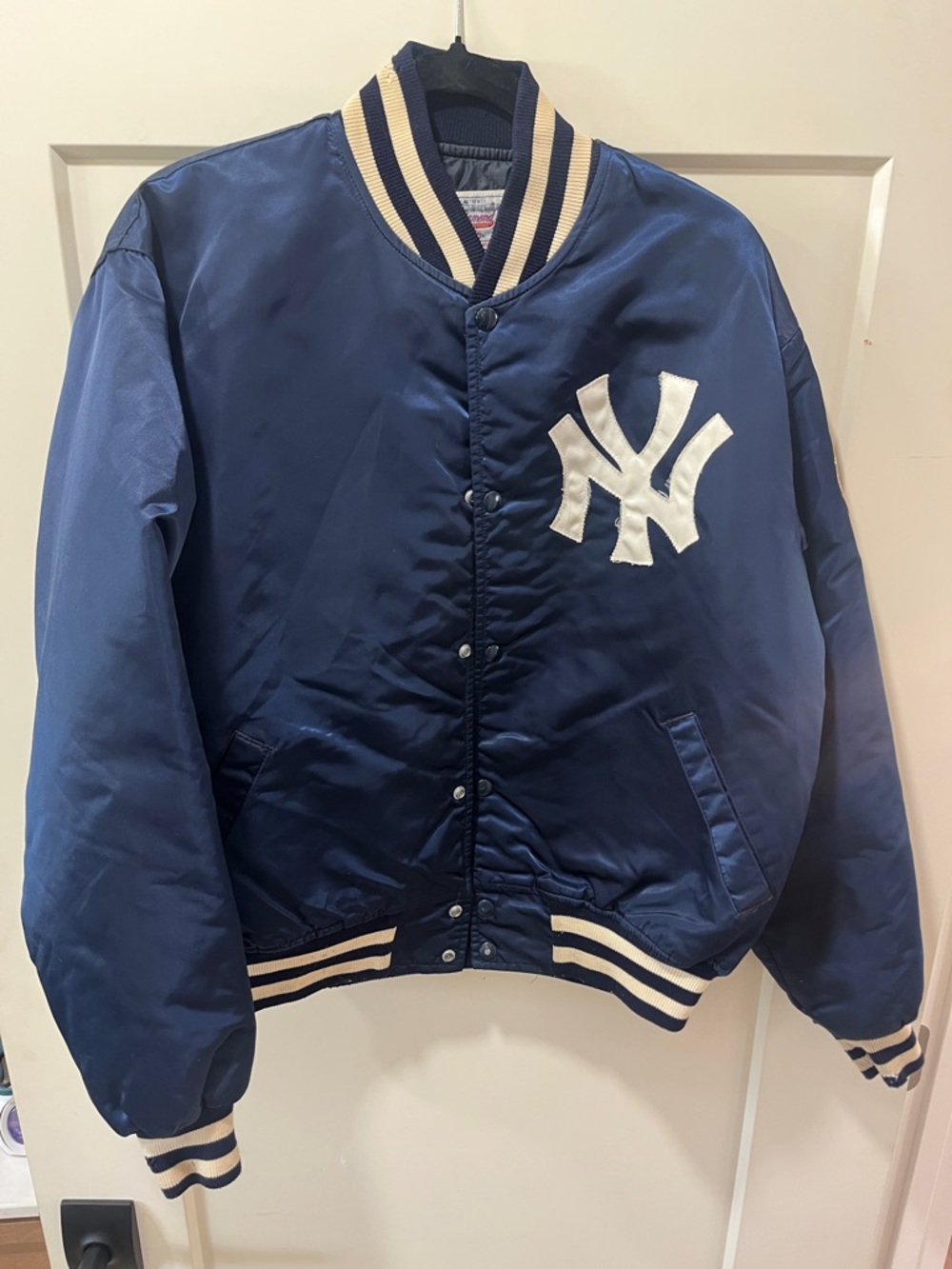 STARTER Navy Blue and White New York Yankees Satin Bomber Jacket